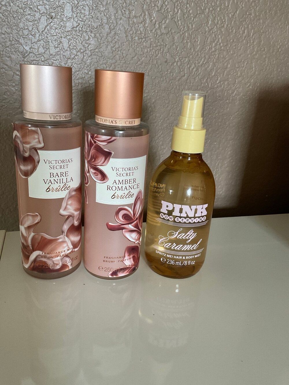 Victorias Secret Amber romance and bare vanilla brûlée and Pink salty caramel